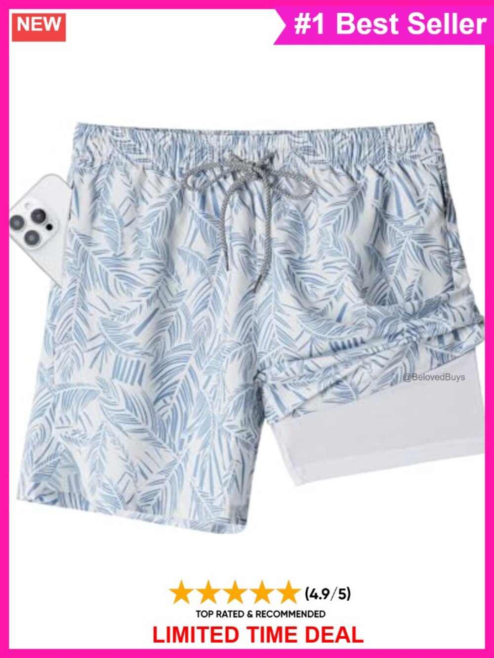 Men's 2-in-1 Swim Trunks 5" Compression Liner Quick Dry Board Shorts